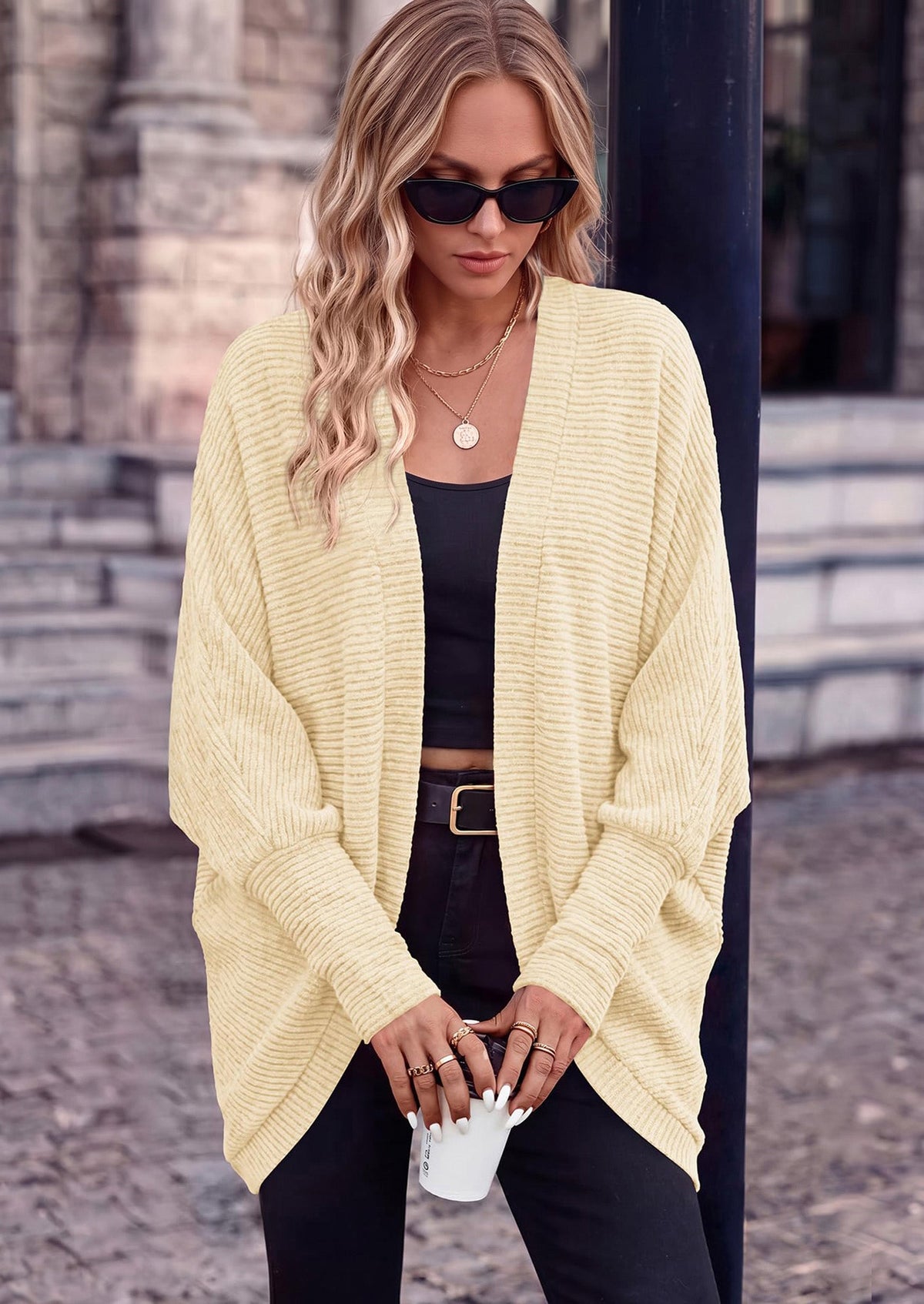 Women's Ribbed Knit Batwing Long Sleeve Relaxed-Fit Cardigan – Apricot