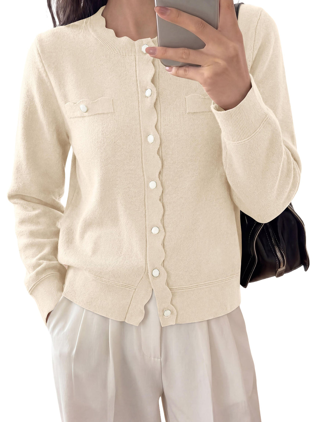 Women's Knit Button-Up Crew Neck Long Sleeve Cardigan – Apricot