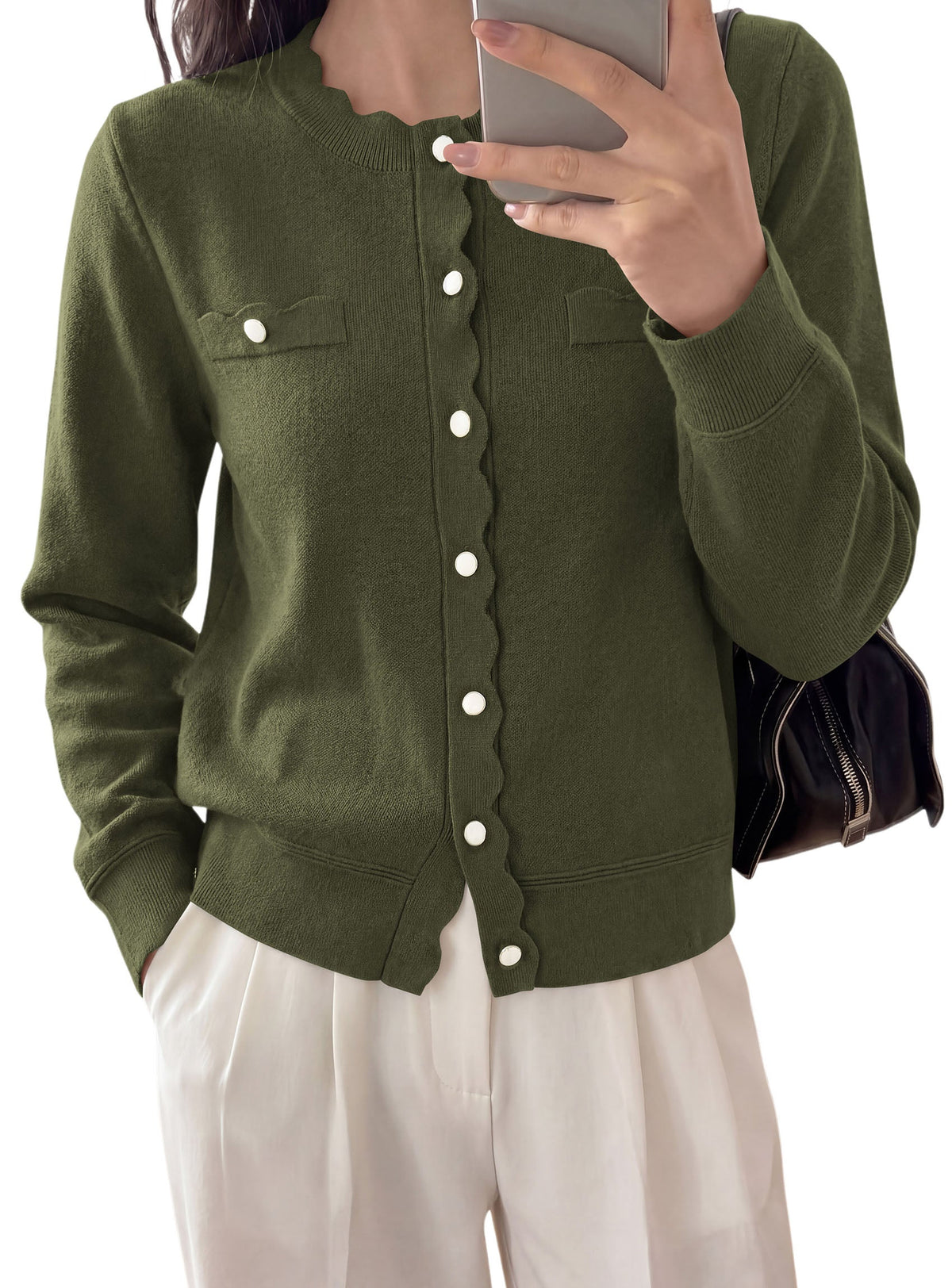 Women's Knit Button-Up Crew Neck Long Sleeve Cardigan – Army Green