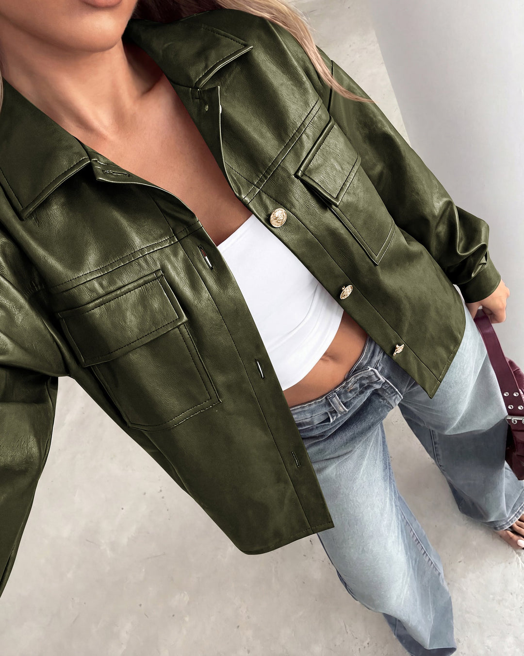 Women's Button-Front Faux Leather Bomber Jacket