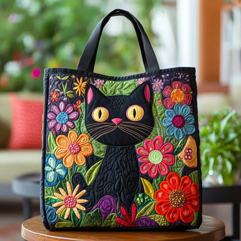 Stylish Floral Cat Art Tote Bag