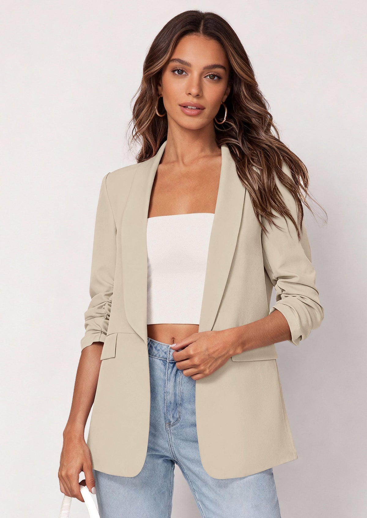 Women's Open-Front Ruched Lightweight Business Blazer – Beige