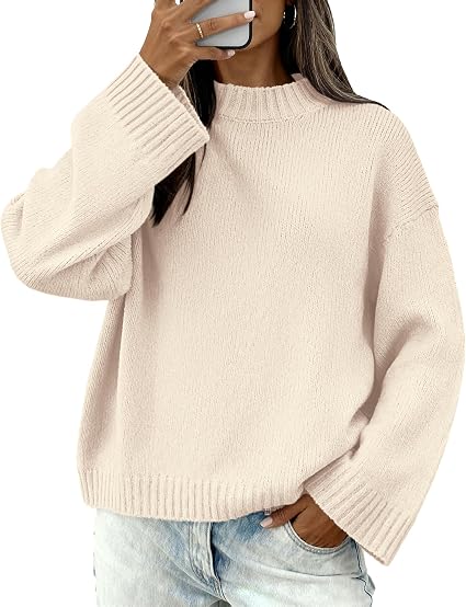 Women's Oversized Long Sleeve Knit Crew Neck Sweater – Ribbed