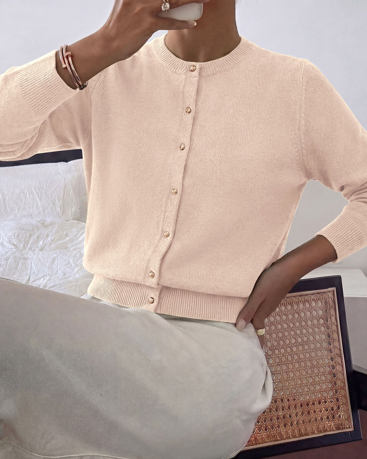 Women's Ribbed Knit Open-Front Long Sleeve Soft Cardigan – Beige