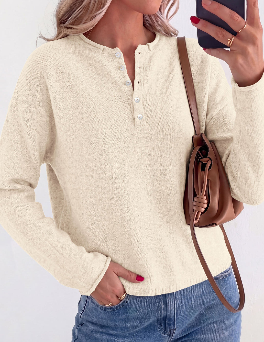 Women's Long Sleeve Button-Front Knit Crew Neck Sweater