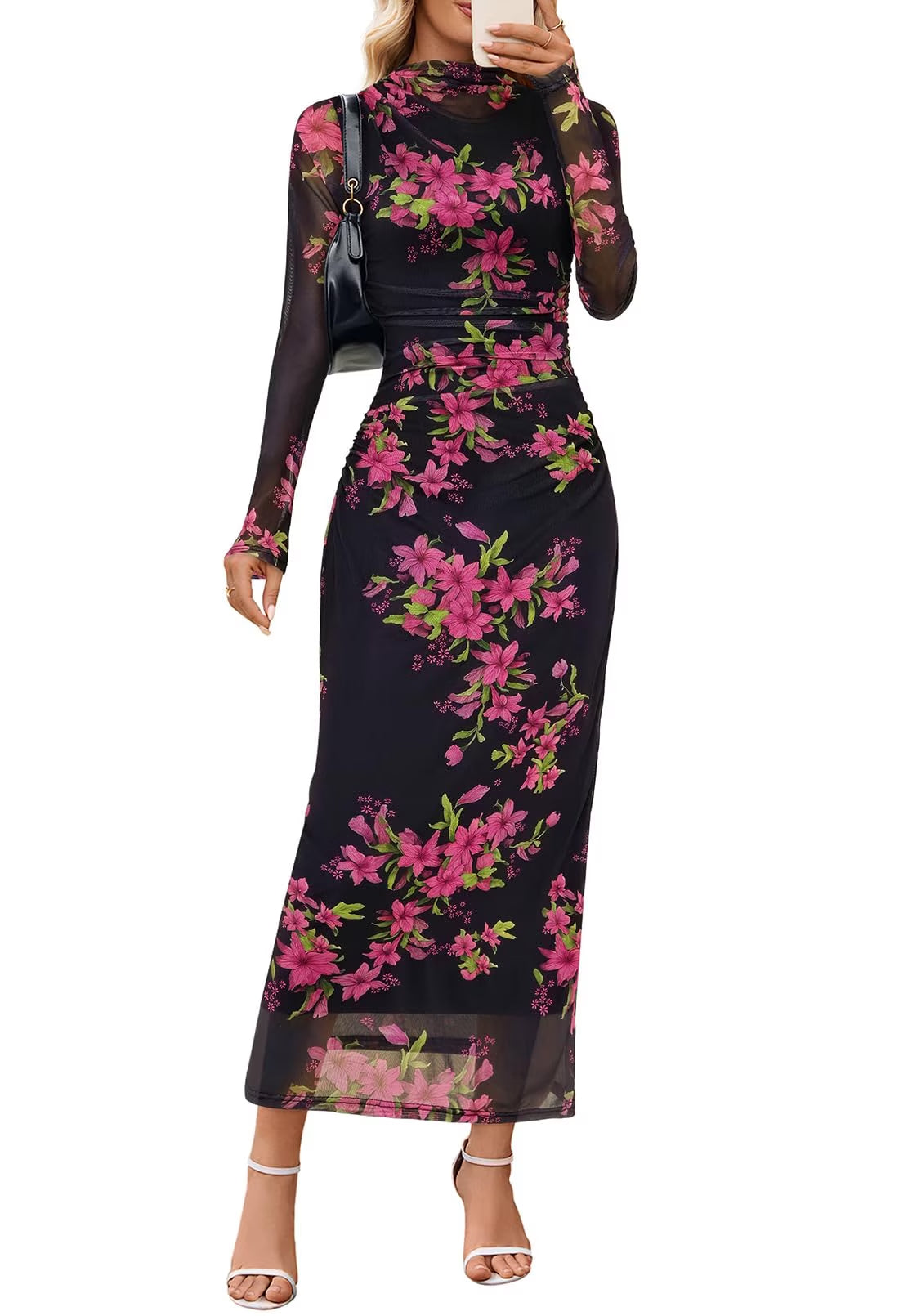 Women's Long Sleeve Ruched Bodycon Tie-Dye Dress – Black