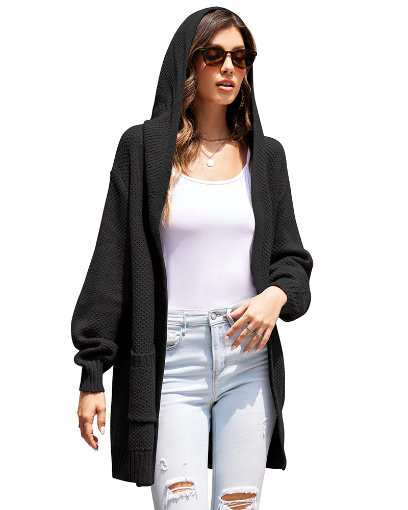 Women's Knit Hooded Open-Front Long Sleeve Cardigan – Black