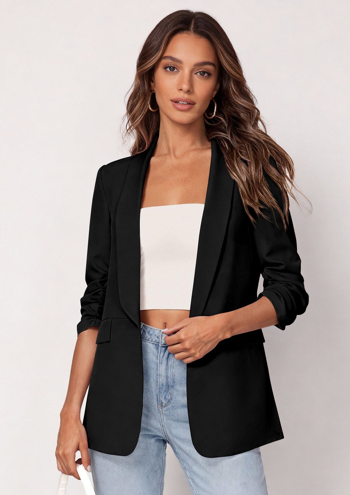 Women's Open-Front Ruched Lightweight Business Blazer – Black
