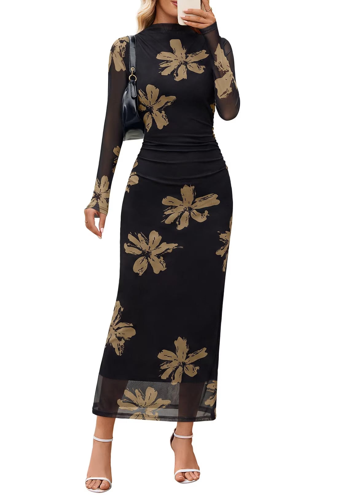 Women's Long Sleeve Ruched Bodycon Tie-Dye Dress – Blackkhaki