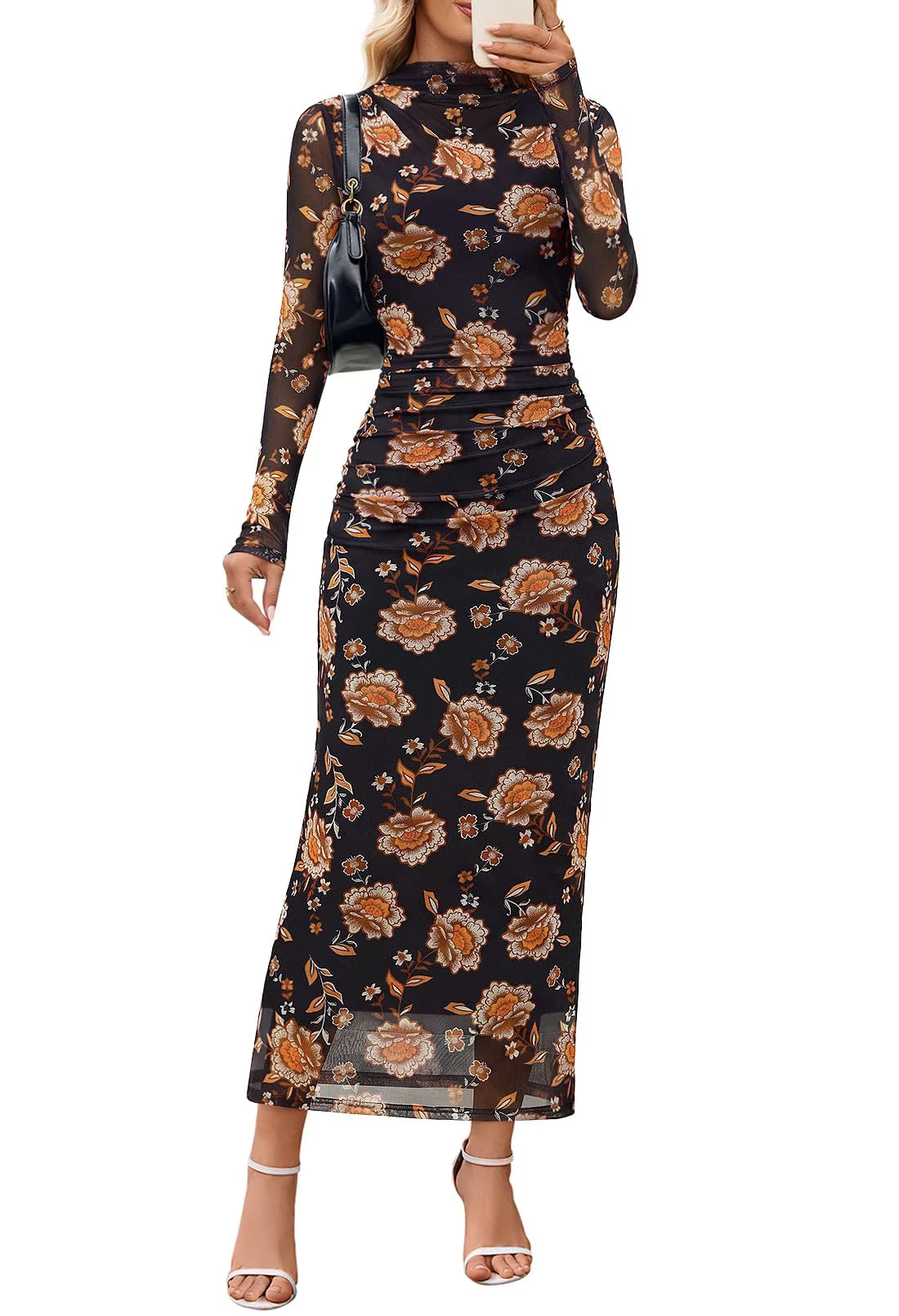 Women's Long Sleeve Ruched Bodycon Tie-Dye Dress – Blackorange