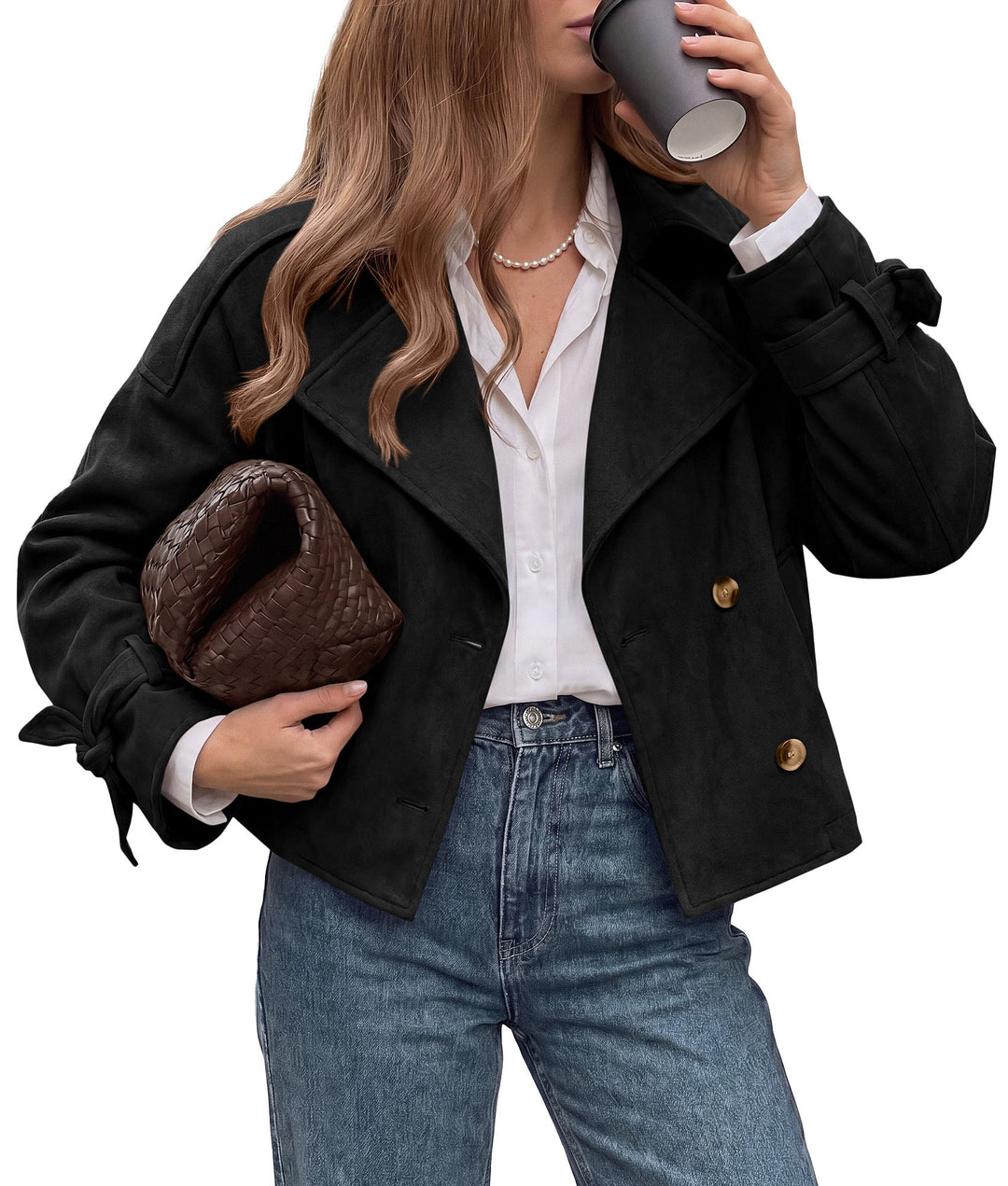 Women's Cropped Double-Breasted Faux Suede Trench Coat