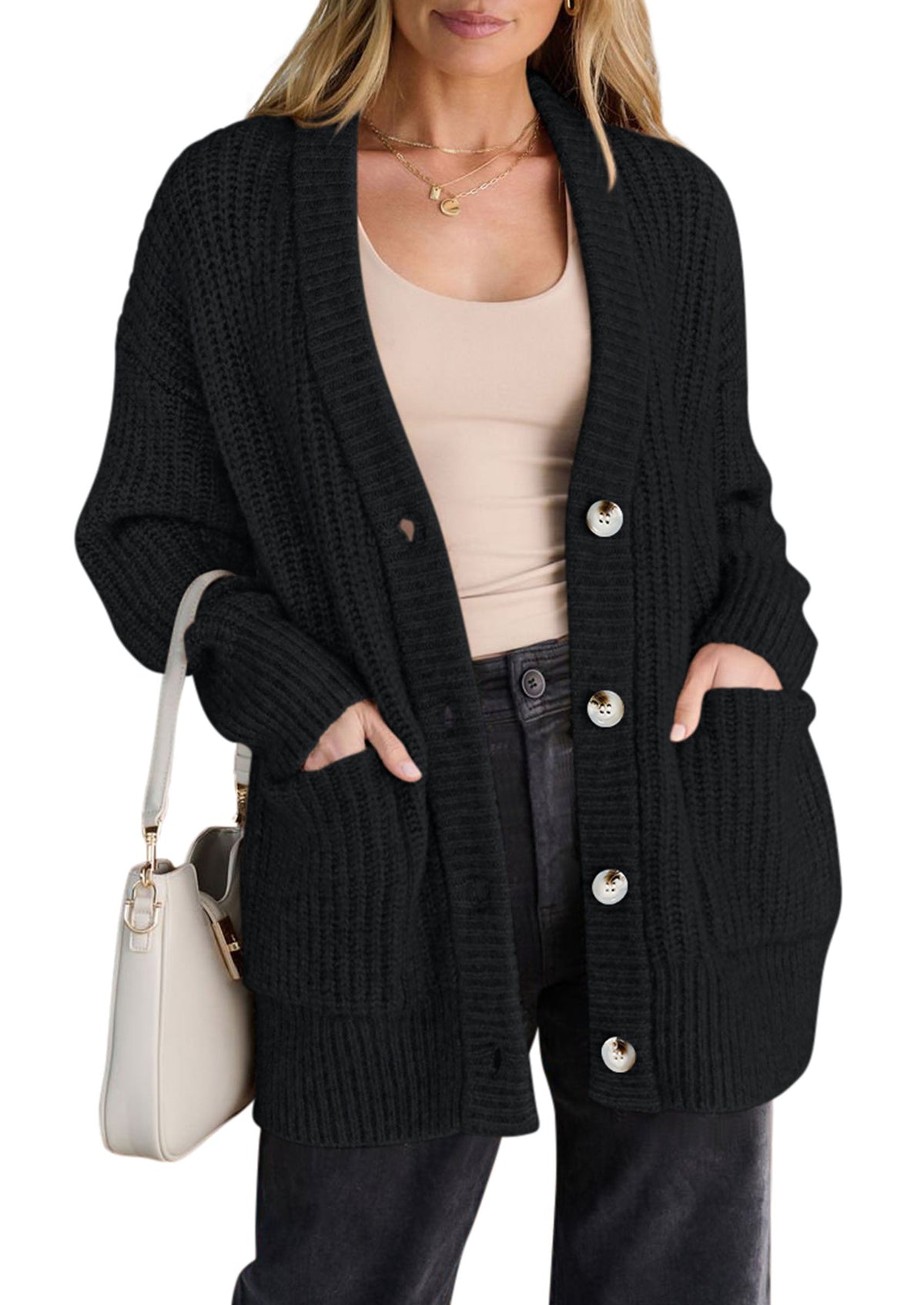 Women's Ribbed Knit Oversized Button-Up V-Neck Cardigan – Black