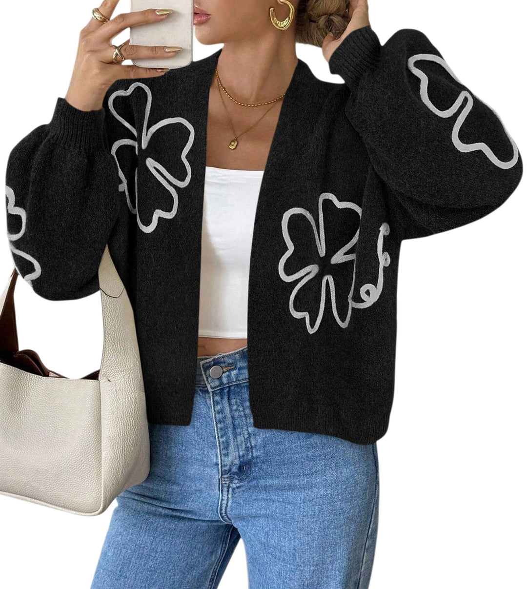 Women's Oversized Open-Front Floral Chunky Knit Cardigan – Long Sleeve