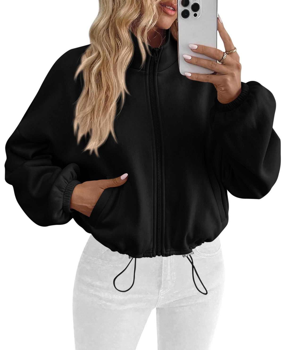 Women's Fleece Oversized Cropped Zip-Up Sweatshirt – Black
