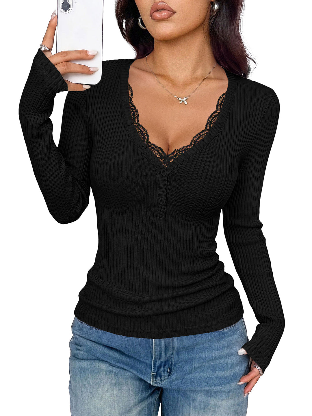 Women's Slim-Fit Long Sleeve Knit V-Neck Sweater – Button-Front