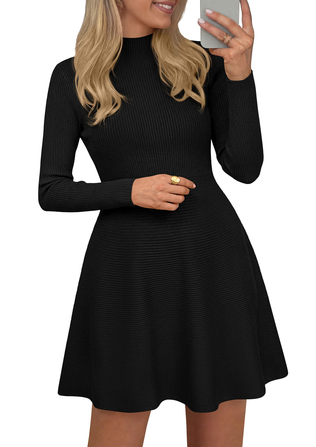 Women's Long Sleeve Mock Neck A-Line Wedding Guest Dress – Ribbed