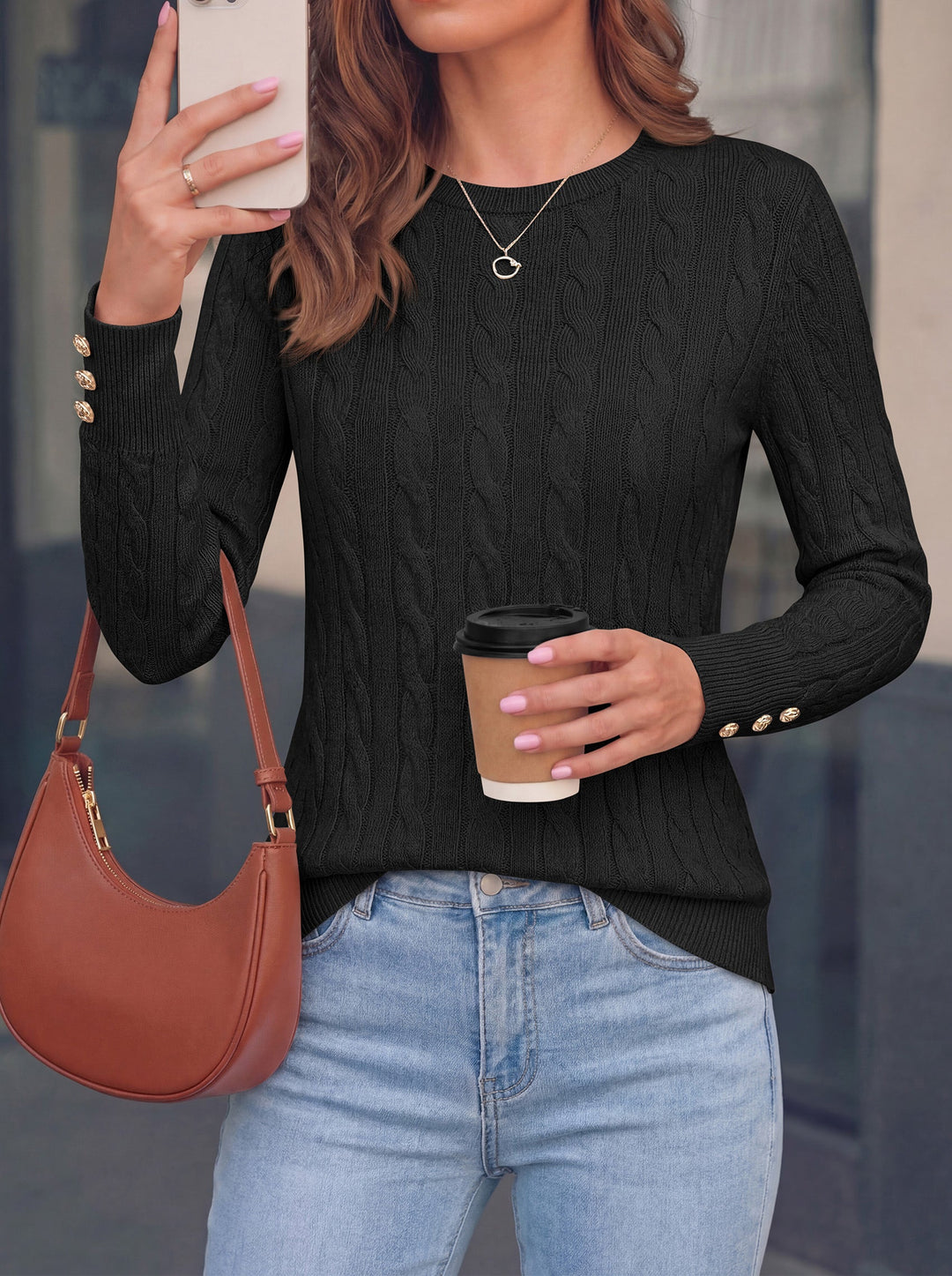 Women's Work Long Sleeve Cable Knit Crew Neck Sweater – Slim Fit