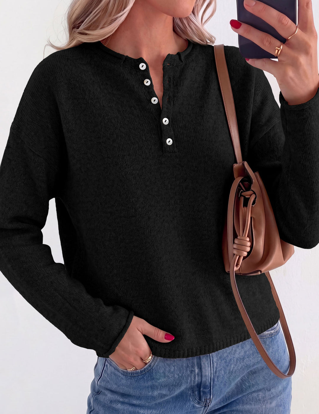 Women's Long Sleeve Button-Front Knit Crew Neck Sweater