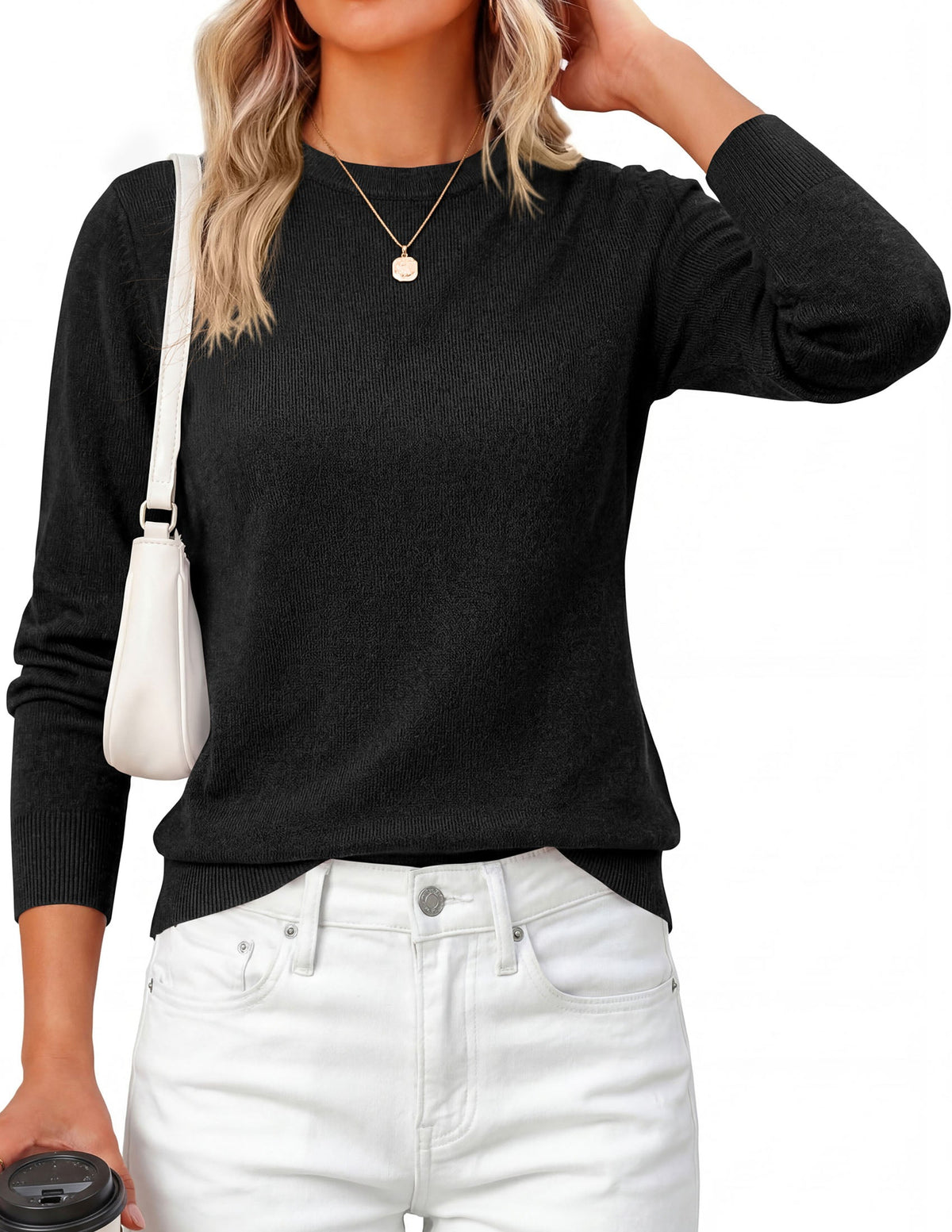 Women's Knit Crew Neck Relaxed-Fit Classic Sweater – Black