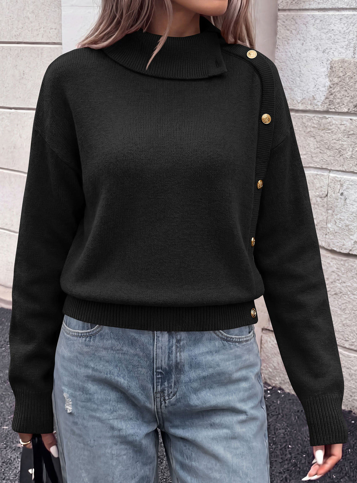Women's Ribbed Knit Workwear Asymmetric Turtleneck Sweater – Black