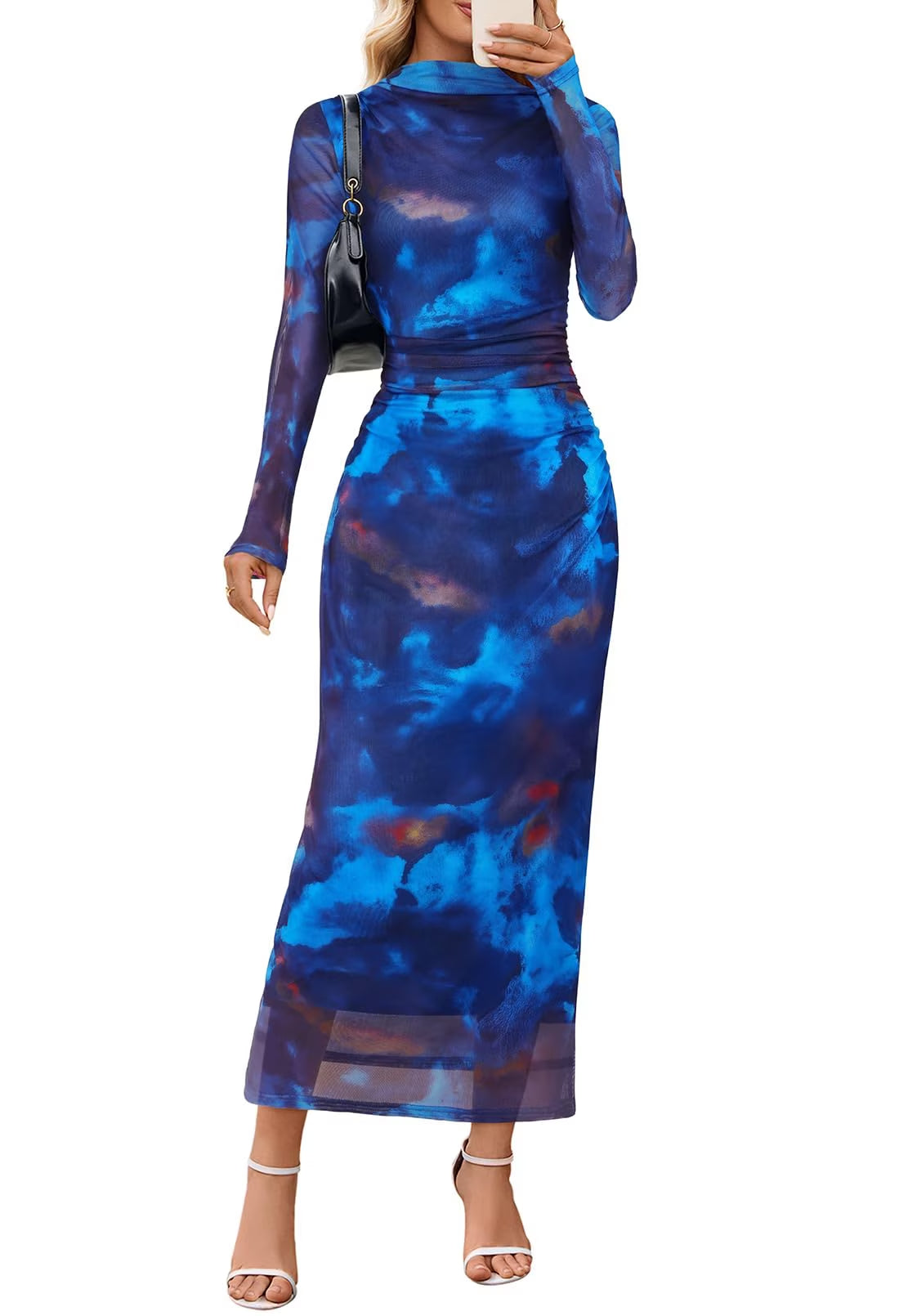 Women's Long Sleeve Ruched Bodycon Tie-Dye Dress – Blue