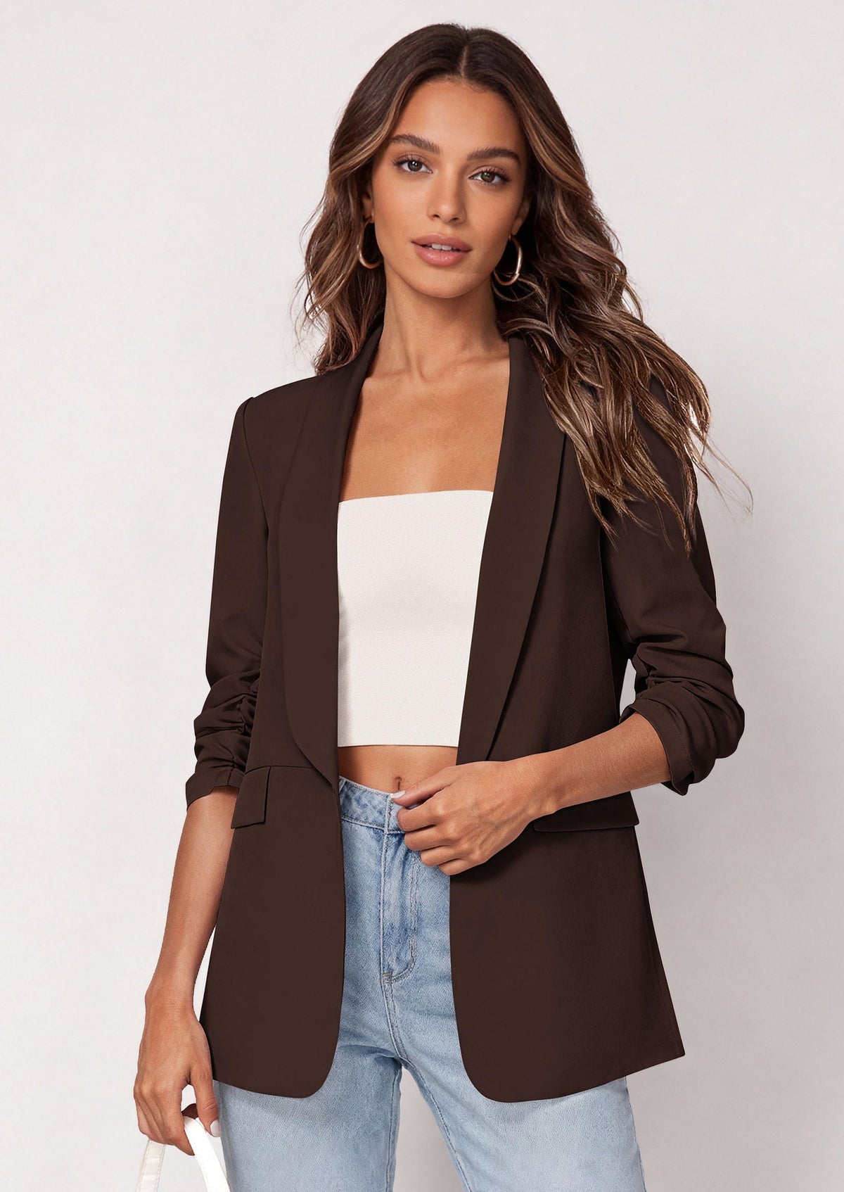 Women's Open-Front Ruched Lightweight Business Blazer – Brown
