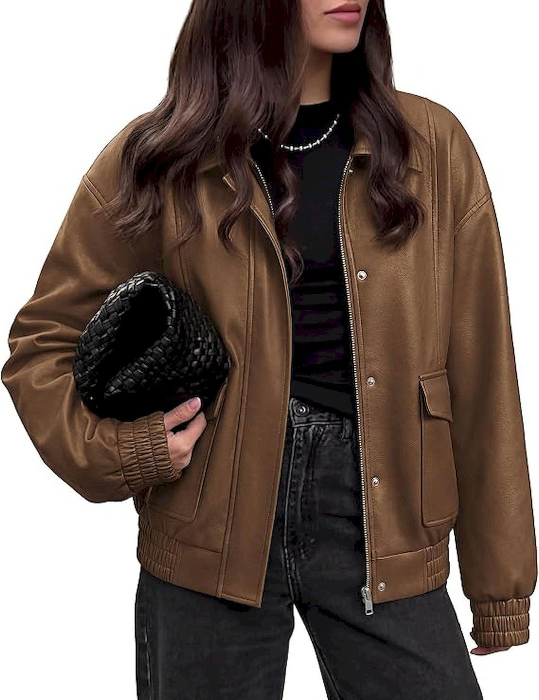 Women's Oversized Faux Leather Zip-Up Bomber Jacket with Pockets
