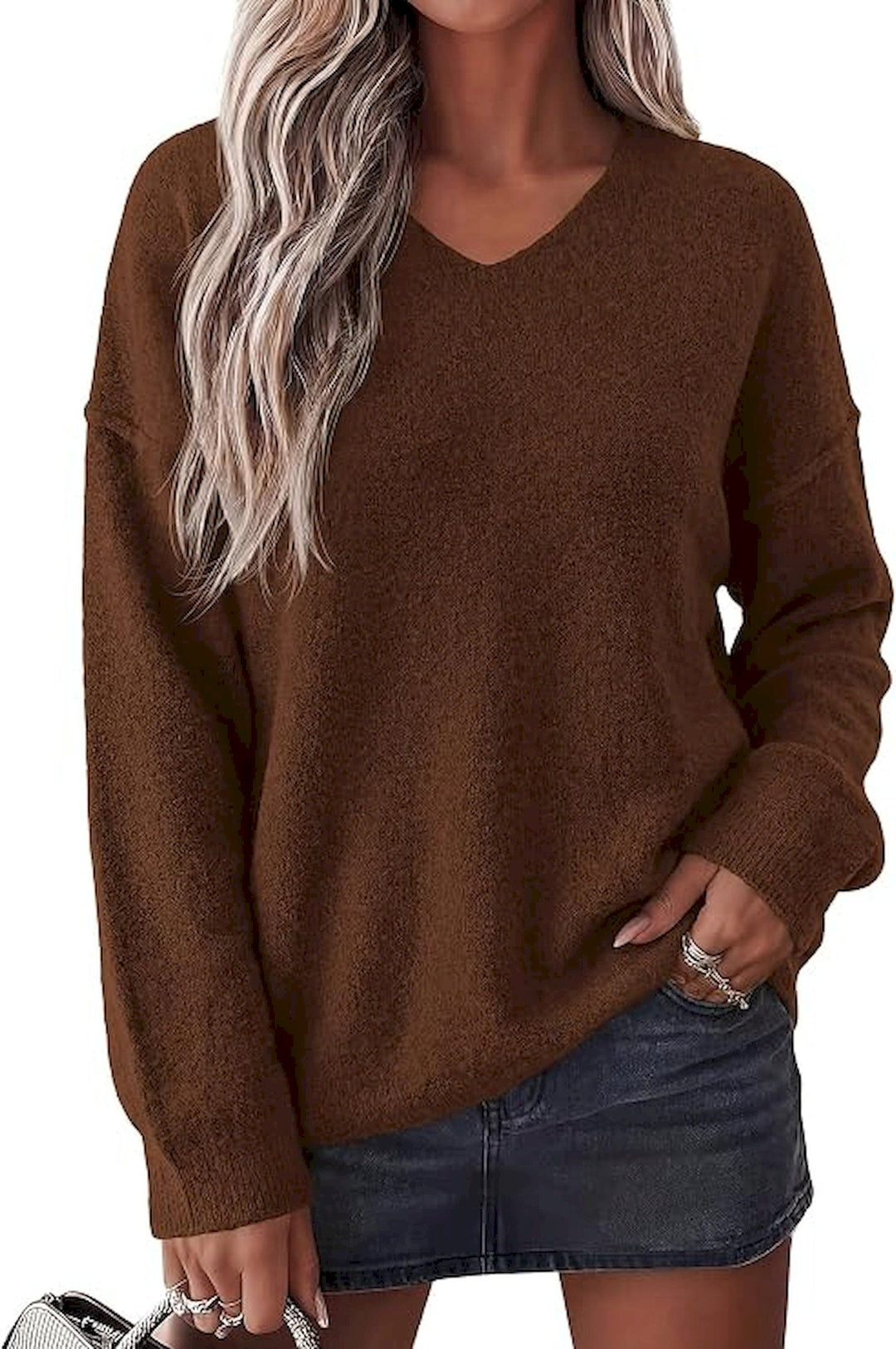 Women's Casual Long Sleeve Knit V-Neck Sweater – Relaxed Fit