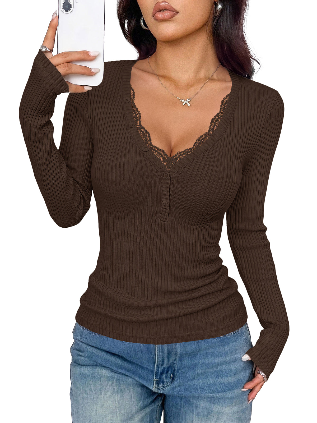 Women's Lace Button-Up V-Neck Slim-Fit Sweater – Brown