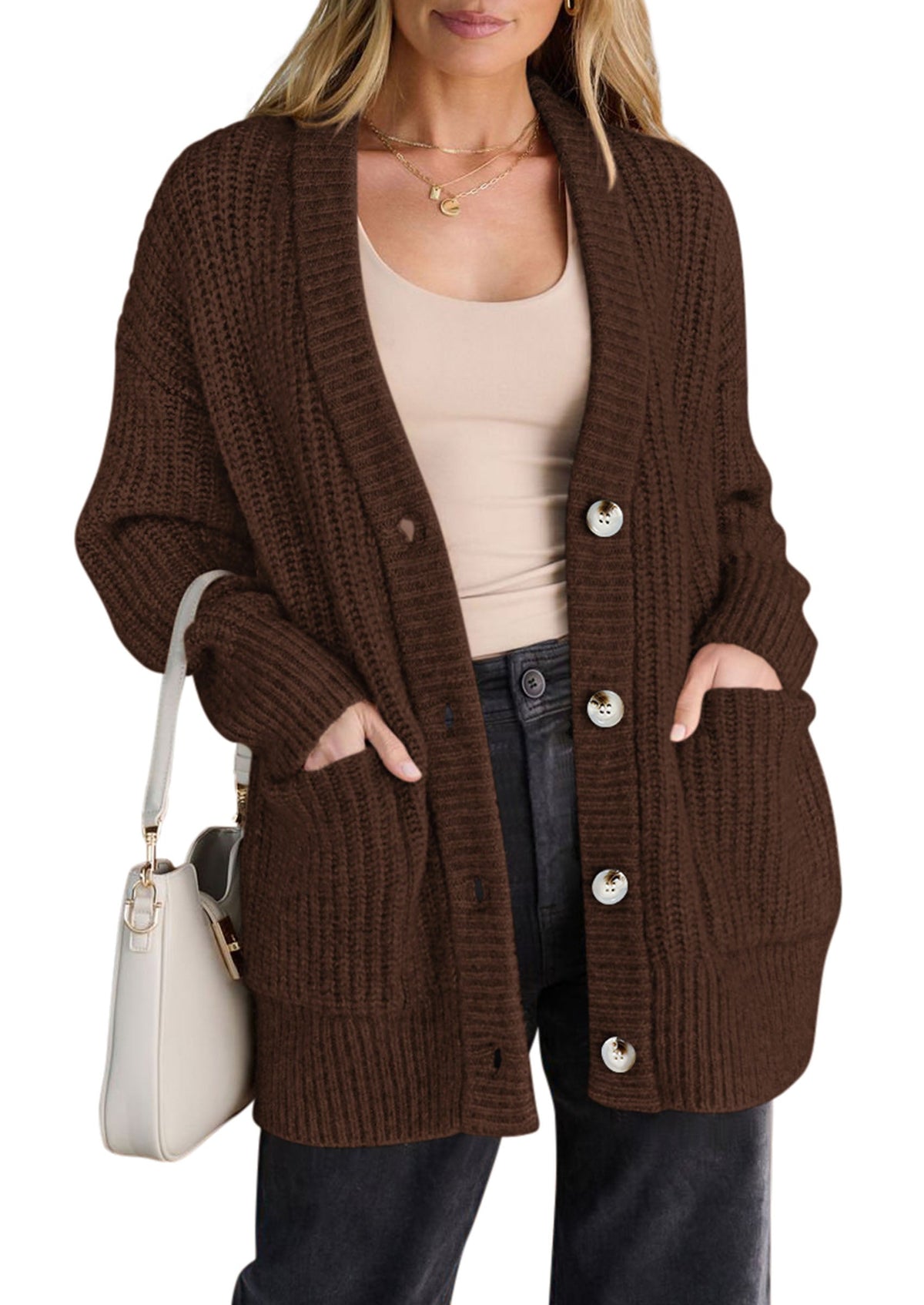 Women's Ribbed Knit Oversized Button-Up V-Neck Cardigan – Brown