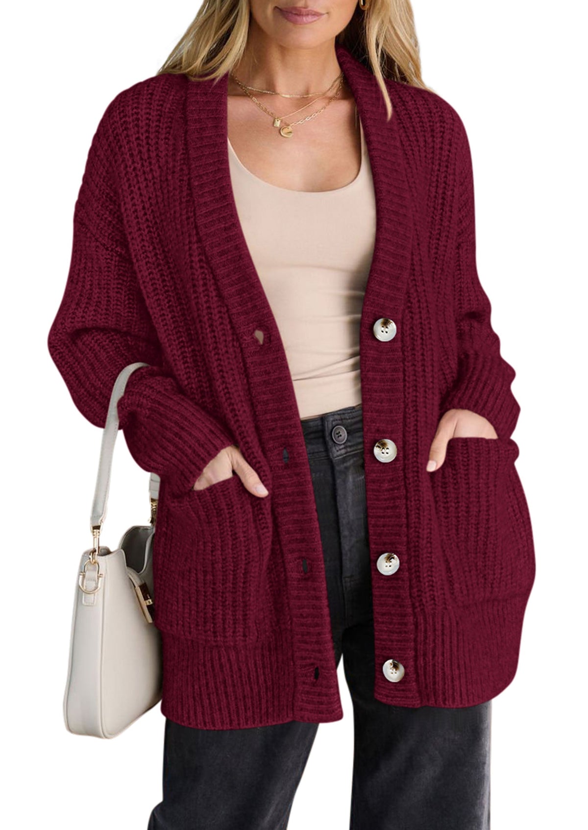 Women's Ribbed Knit Oversized Button-Up V-Neck Cardigan – Burgundy