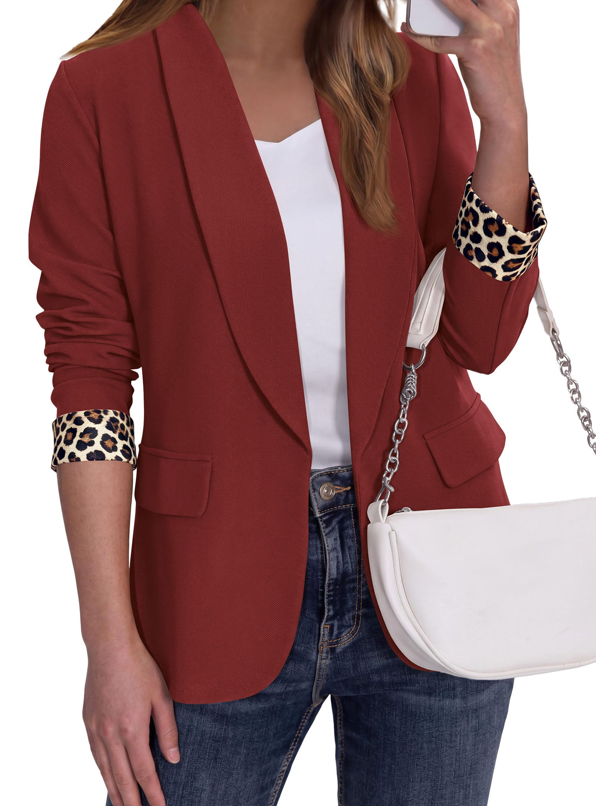Women's Open-Front Lapel Long Sleeve Leopard Print Blazer – Burgundy