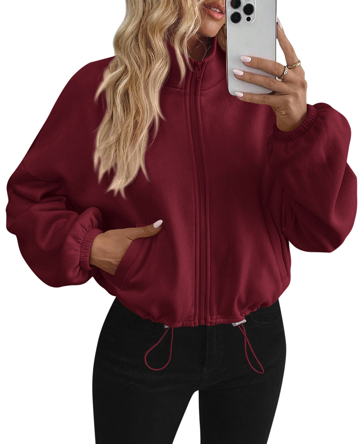 Women's Fleece Oversized Cropped Zip-Up Sweatshirt – Burgundy