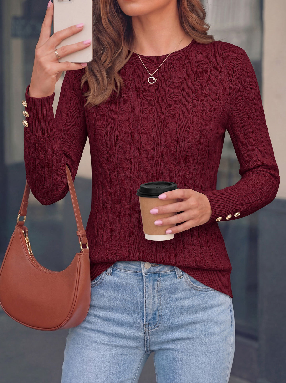 Women's Cable Knit Crew Neck Slim-Fit Business Sweater – Burgundy