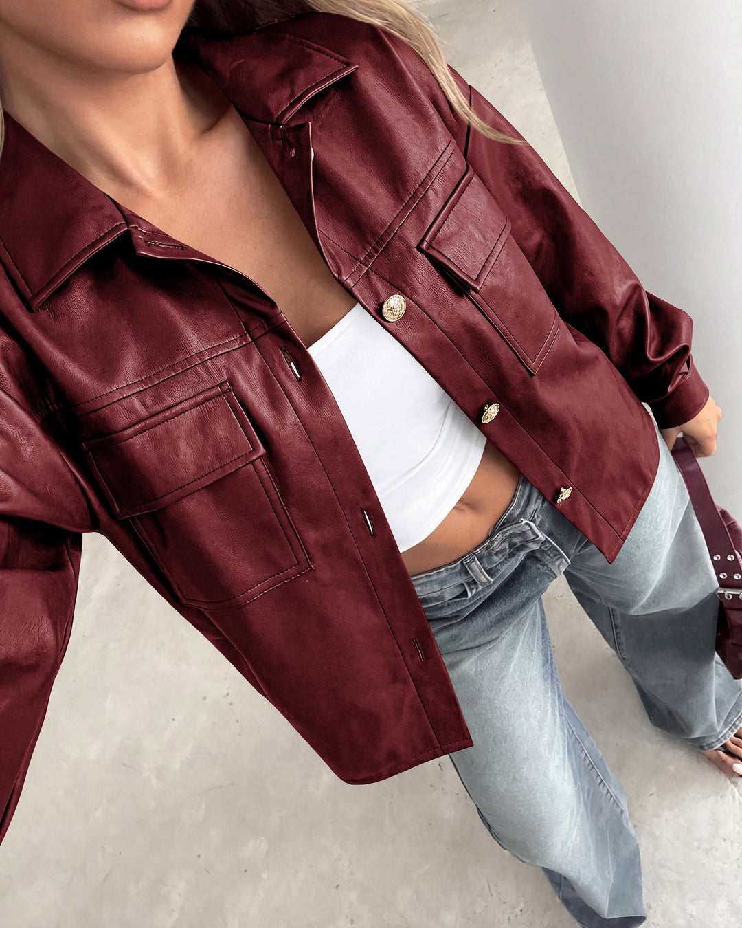 Women's Button-Front Faux Leather Bomber Jacket
