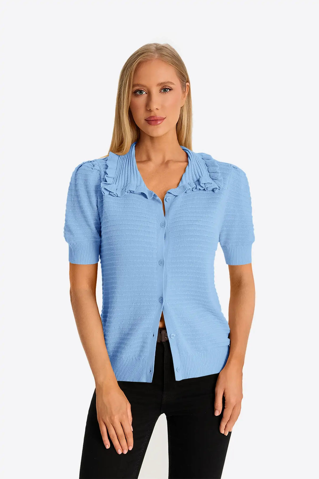 Women's Knit Ruffled Cardigan with Peter Pan Collar