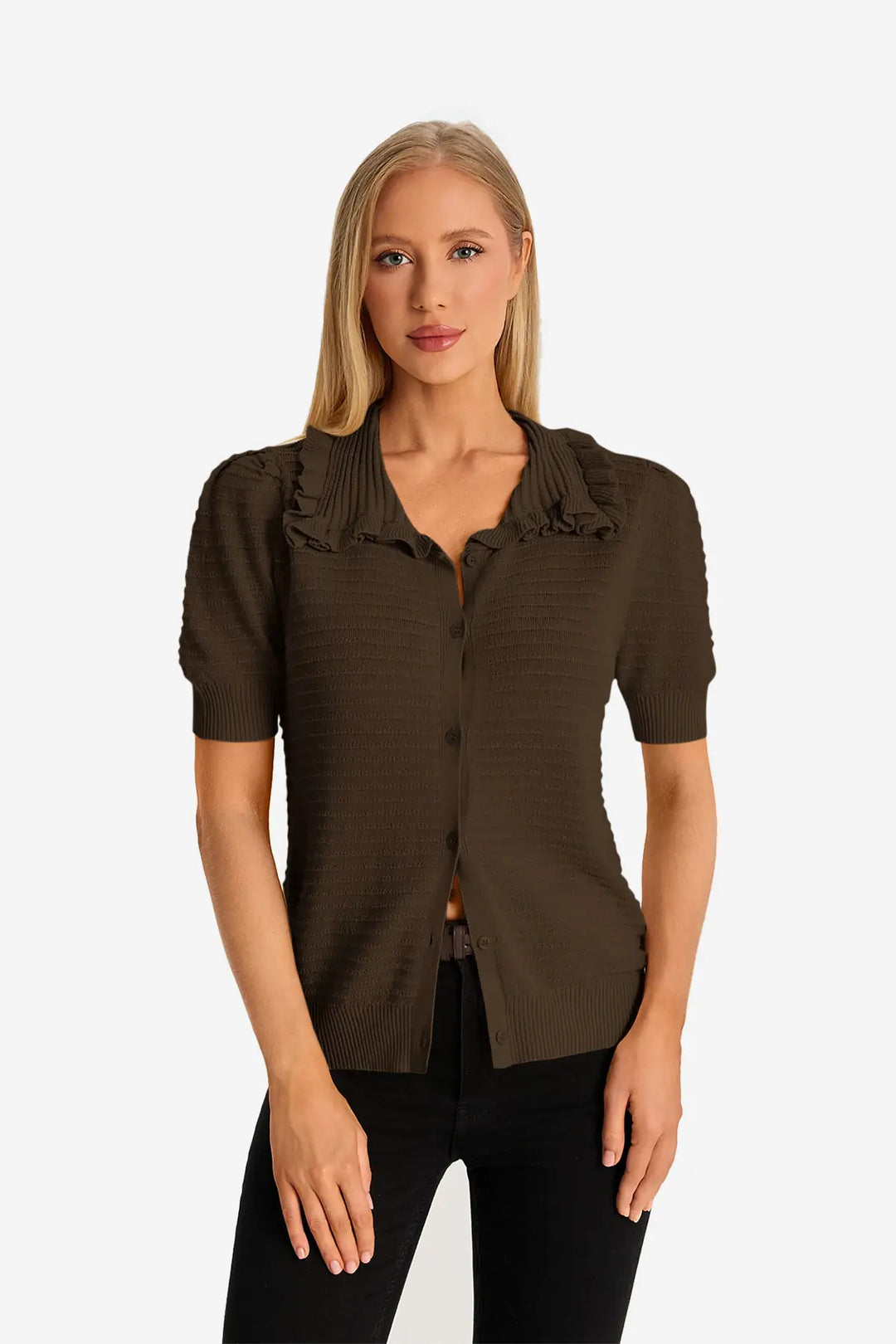 Women's Knit Ruffled Cardigan with Peter Pan Collar