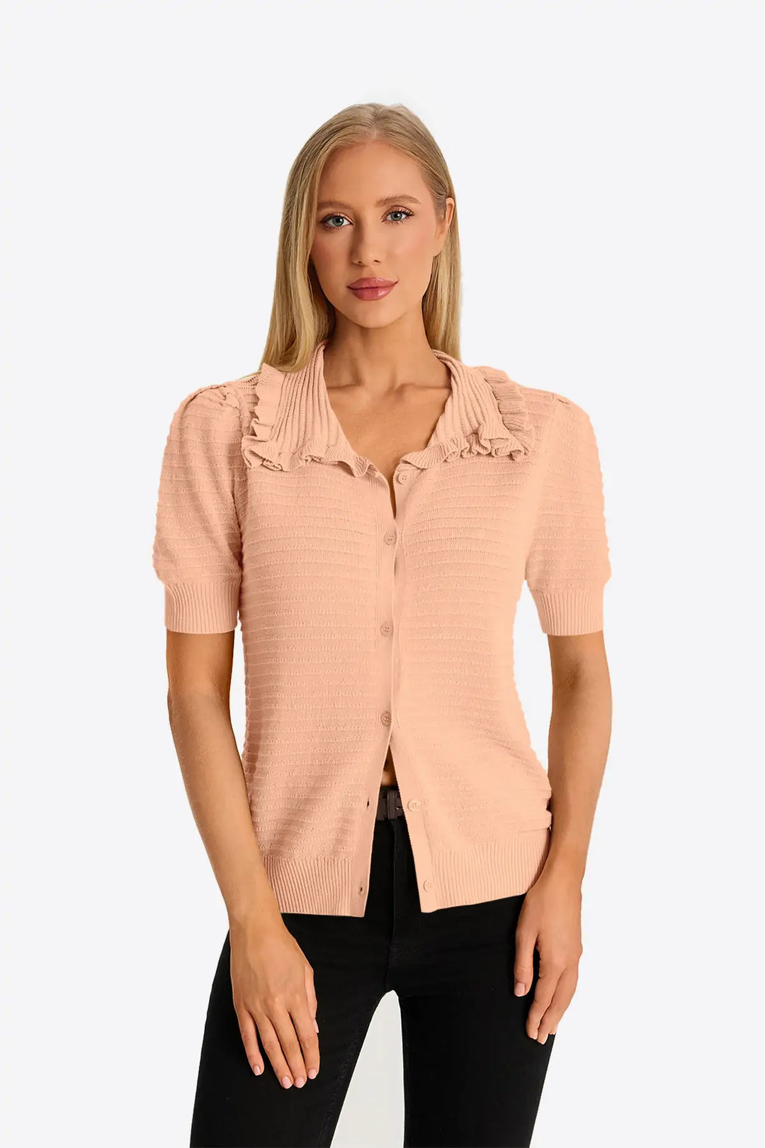 Women's Knit Ruffled Cardigan with Peter Pan Collar