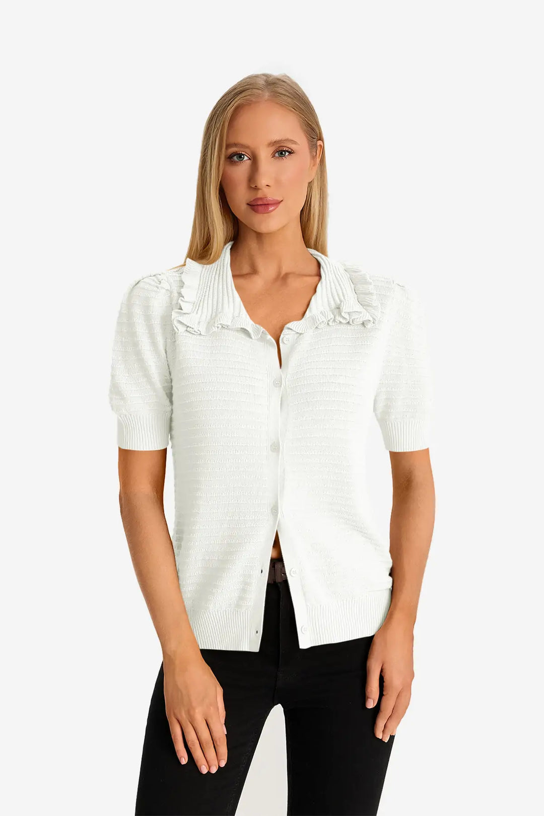 Women's Knit Ruffled Cardigan with Peter Pan Collar