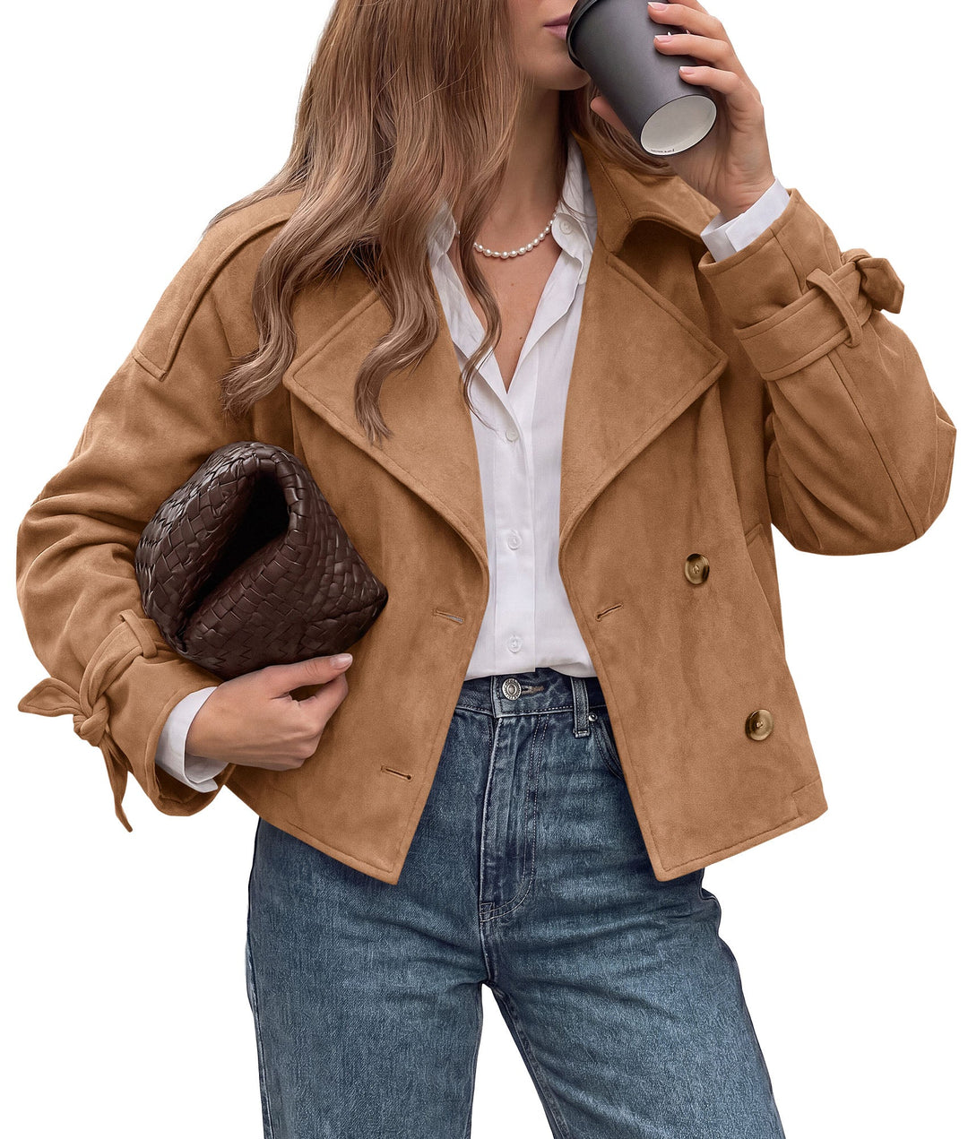 Women's Cropped Double-Breasted Faux Suede Trench Coat