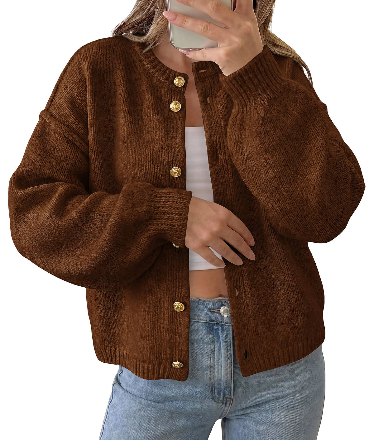 Women's Chunky Knit Oversized Button-Up Crew Neck Cardigan – Caramel