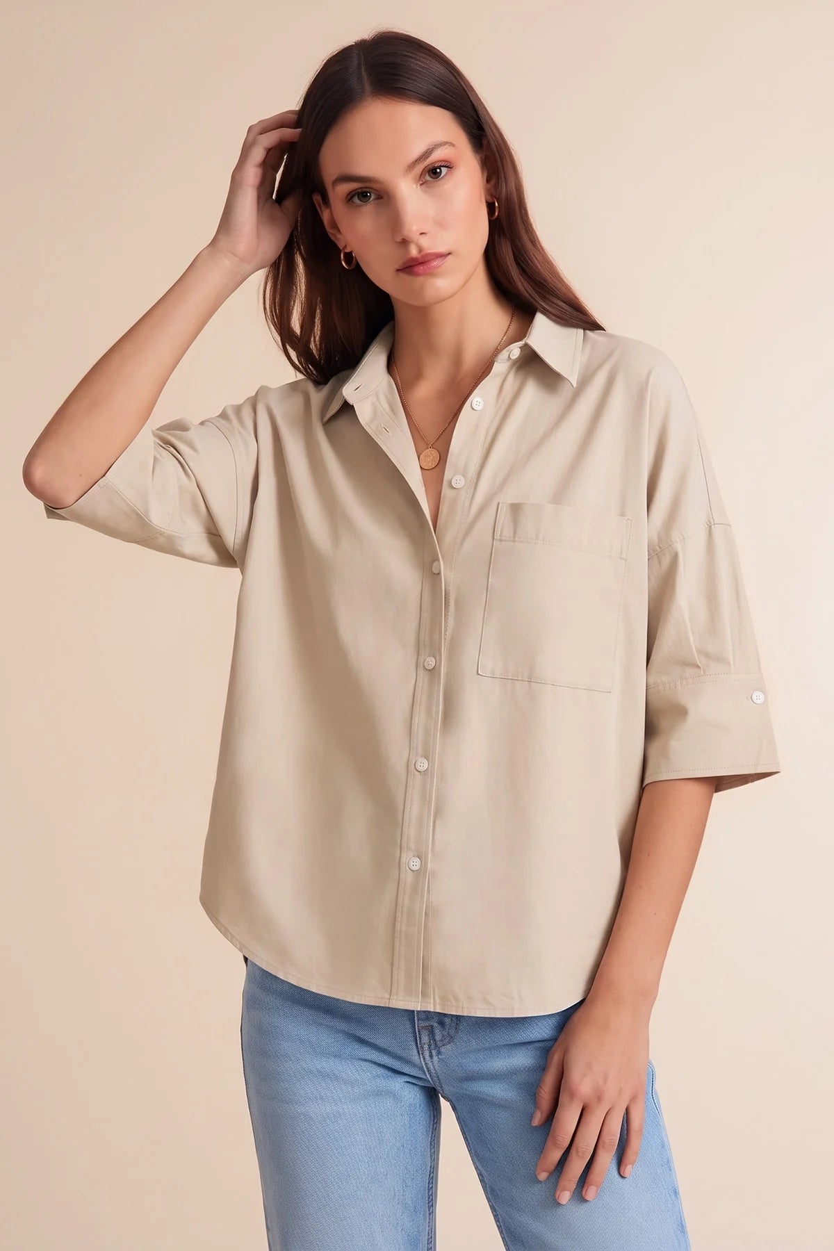 Women's Oversized Button-Down Shirt – Light Khaki