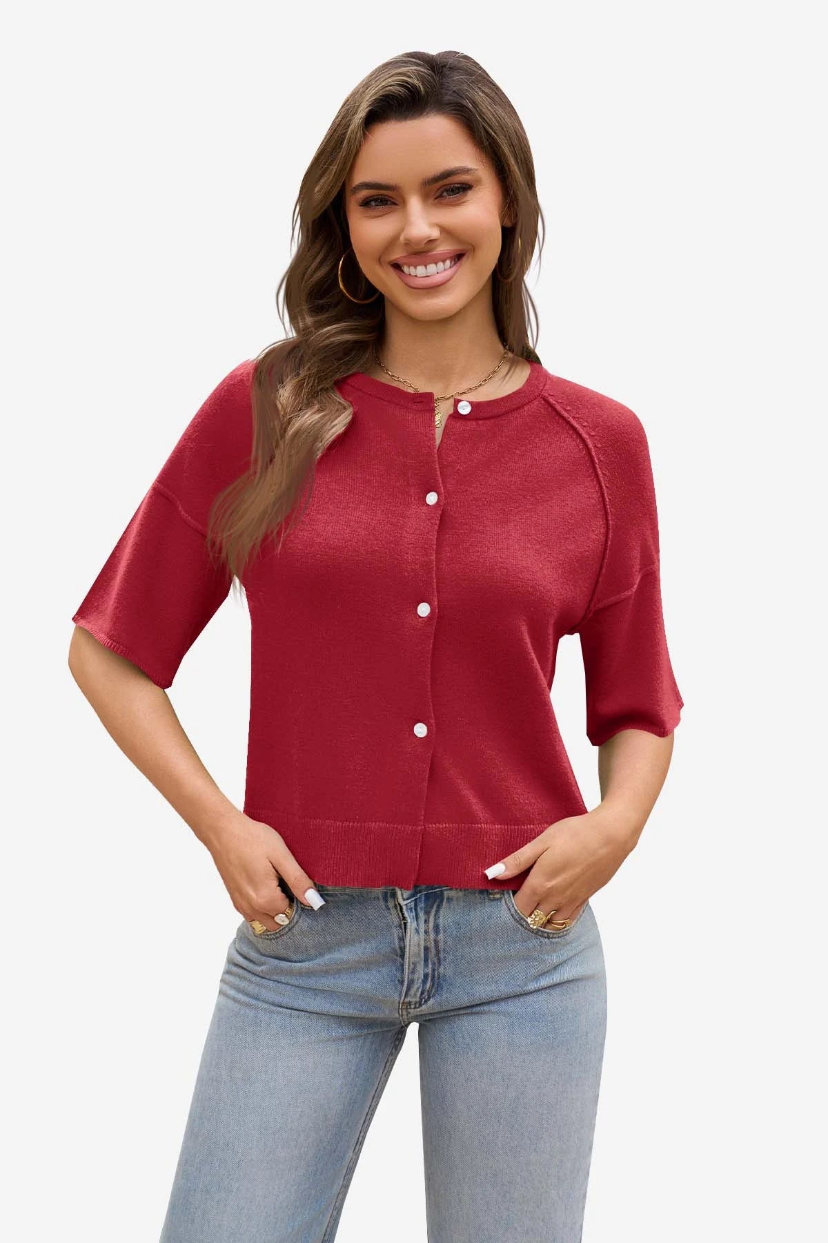Women's Button-Down Casual Cardigan – Red