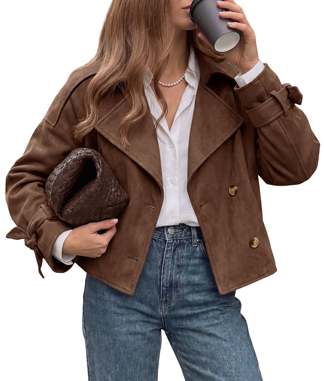 Women's Cropped Double-Breasted Faux Suede Trench Coat