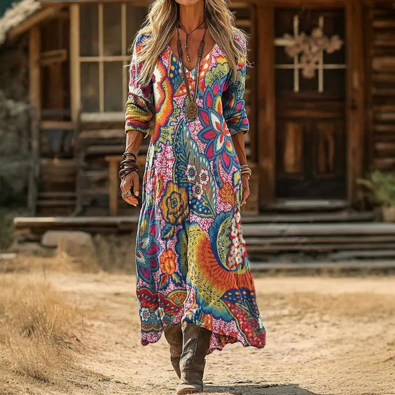 Multicolor Long Sleeve Dress, Women's Vintage Fit