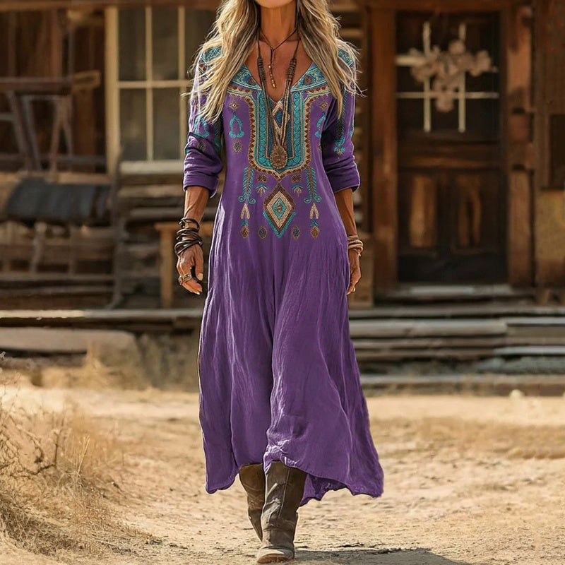 Purple Vintage Long Sleeve Casual Dress for Women