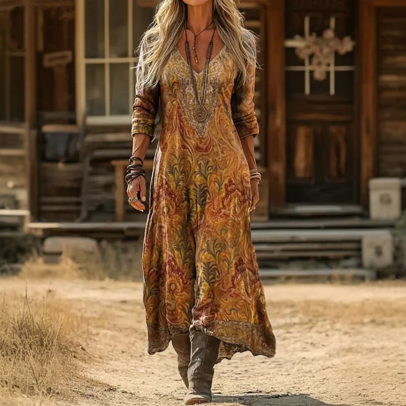 Multicolor Vintage-Inspired Long Sleeve Casual Dress for Women