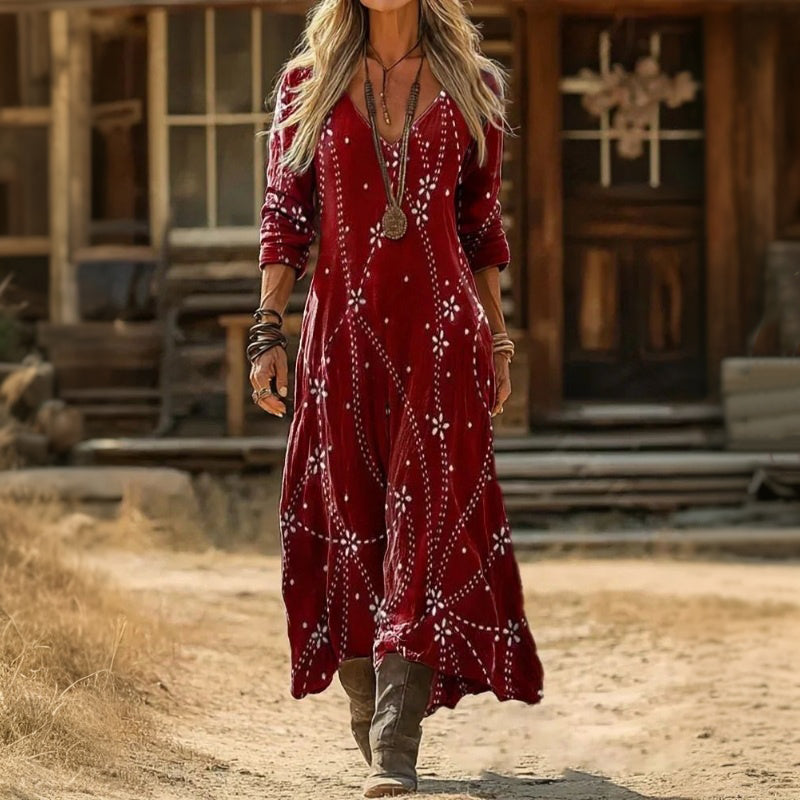 Wine Red Long Sleeve Dress for Women, Vintage Style