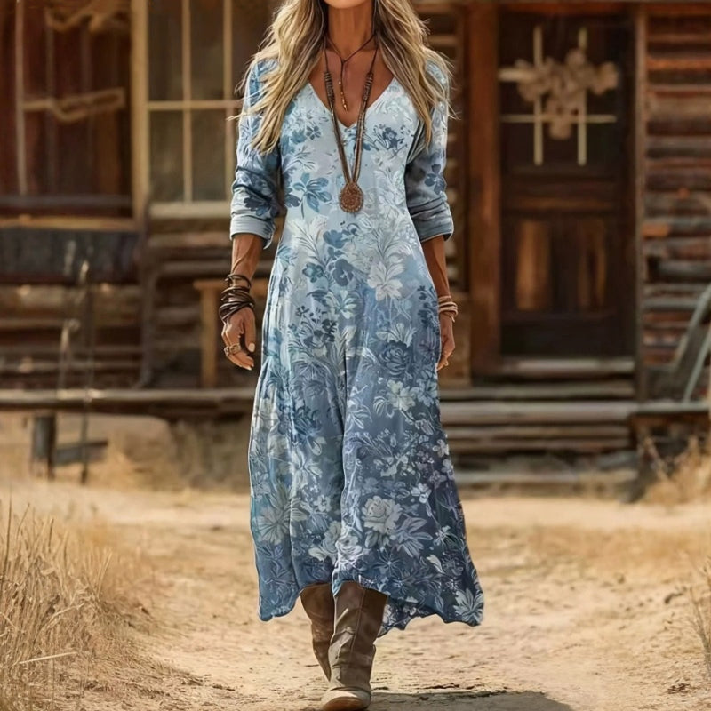 Blue Vintage-Inspired Long Sleeve Floral Dress for Women