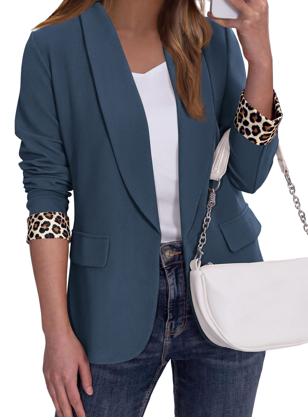 Women's Open-Front Leopard Print Blazer with Lapel Collar